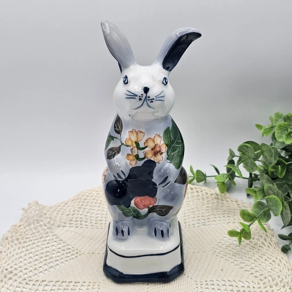 Vintage Andrea by Sadek Porcelain Bunny Rabbit Blue Floral Butterfly Figurine